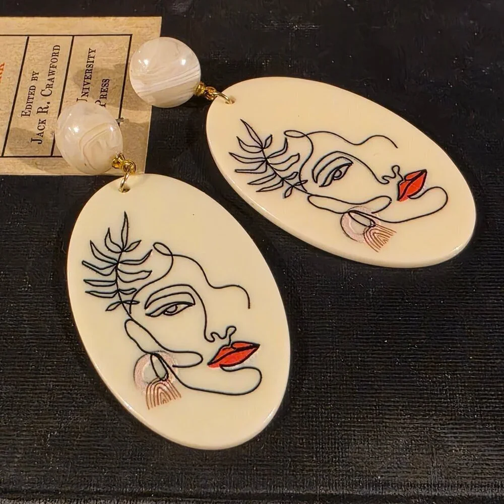Retro 80s Style Picasso Style Woman Face Vintage Lucite Pendant Dangle earrings